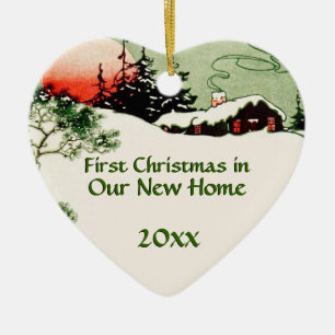First Christmas in New Home   Country Cabin Heart Ceramic Tree Decoration