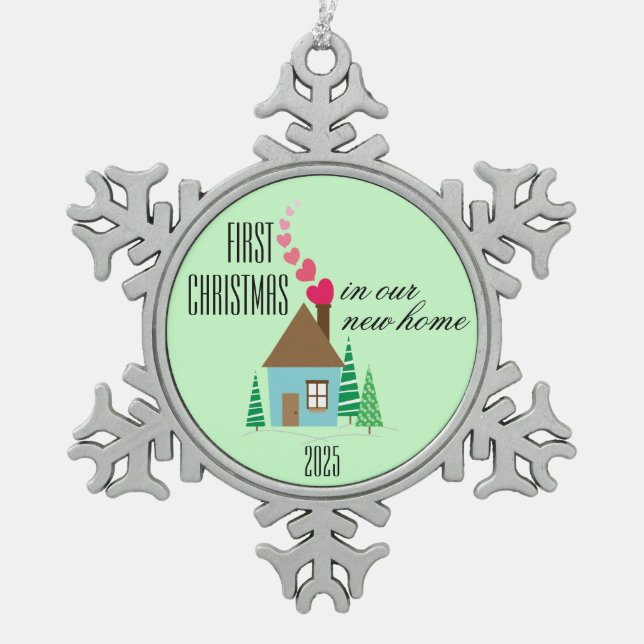 First Christmas in New Home, Hearts Snowflake Pewter Christmas Ornament (Front)