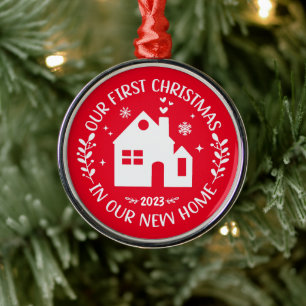 First Christmas In New Home Personalized Red Metal Tree Decoration