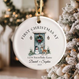 First Christmas In New Home Watercolor Green Door Ceramic Tree Decoration