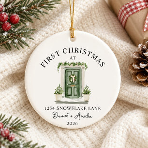 First Christmas In New Home Watercolor Green Door Ceramic Tree Decoration