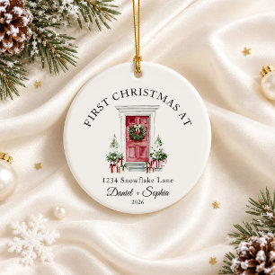 First Christmas In New Home Watercolor Red Door Ceramic Tree Decoration