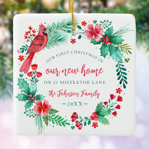 First Christmas in New Home Watercolor Wreath Ceramic Ornament