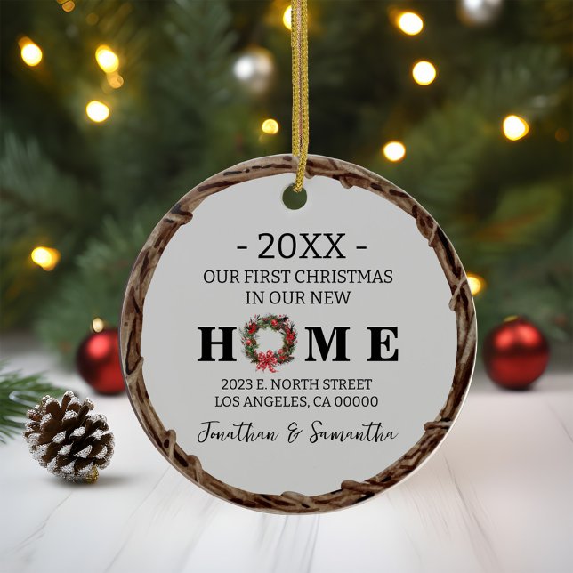 First Christmas in New Home Wreath with Photo Ceramic Tree Decoration (First Christmas in New Home Wreath with Photo Ceramic Ornament)