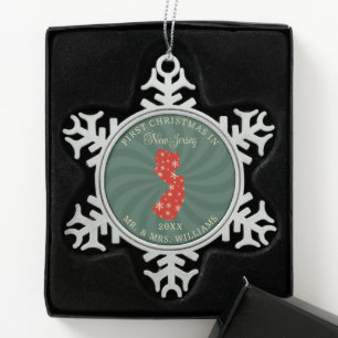 First Christmas In New Jersey Red Green Gold Snowflake Pewter Christmas Ornament