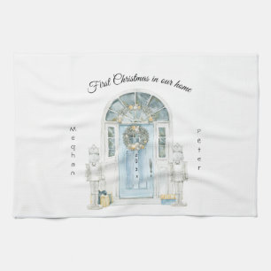 First Christmas In Our Home Watercolor Blue Door Tea Towel