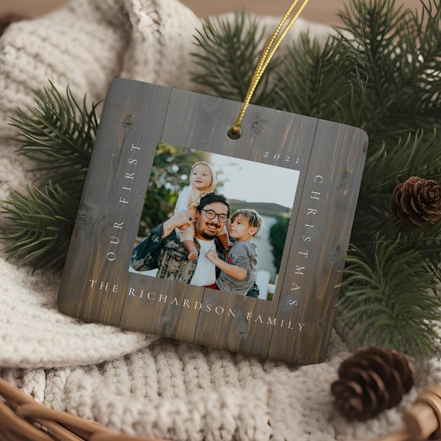  First Christmas In Our New Home 2 Photo Woodgrain Ceramic Ornament (First Christmas In Our New Home 2 Photo Woodgrain Ceramic Ornament)