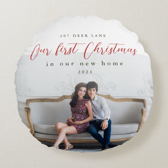 First Christmas in our New Home Address Photo Round Cushion (Front)