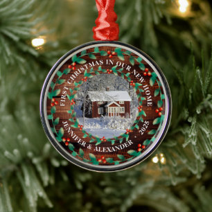 First Christmas in our new Home barn wood photo Metal Tree Decoration