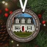 First Christmas in Our New Home Brown Custom Photo Ornament<br><div class="desc">Personalise this modern and elegant 'First Christmas in Our New Home' ornament with a photo of your house, your last name or family name, and the year it was purchased. Elegant dark brown background colour can be modified) and white round-shaped text and snowflake accents beautifully frames the photo. Photo tip:...</div>