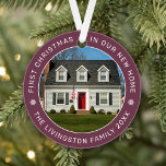 First Christmas in Our New Home Burgundy Photo Ornament<br><div class="desc">Personalise this modern and elegant 'First Christmas in Our New Home' ornament with a photo of your house, your last name or family name, and the year it was purchased. Elegant burgundy / wine red background colour can be modified) and white round-shaped text and snowflake accents beautifully frames the photo....</div>