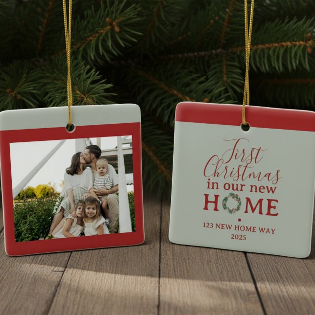 First Christmas In Our New Home Family Photo Ceramic Ornament (Celebrate the holiday season with this First Christmas In Our New Home Family Photo Ceramic Ornament)