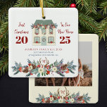 First Christmas in our new home family photo Ceramic Ornament<br><div class="desc">Christmas in new home family keepsake custom photo tree ornament with a modern traditional Christmas floral wreath decorated pine green cute house and a dark red casual typography personalized with family monogram name initial inside deer antlers. Easy to customize with your picture, new home address details, family name, and monogram...</div>
