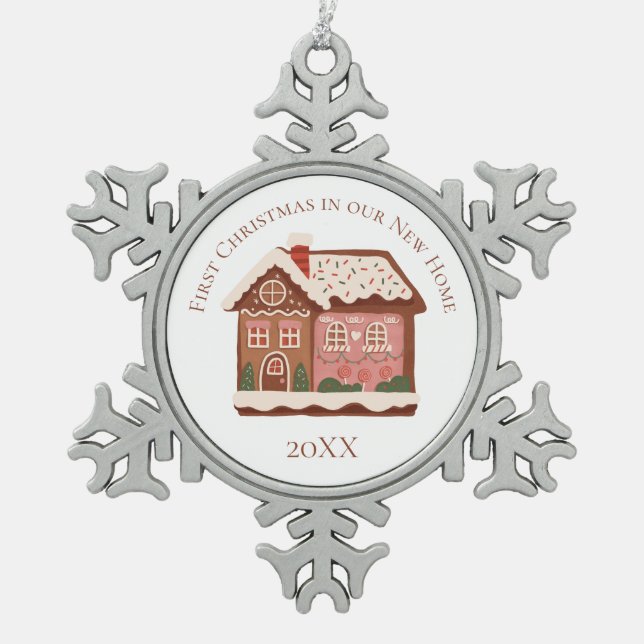 First Christmas in our New Home Gingerbread House Snowflake Pewter Christmas Ornament (Front)