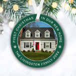 First Christmas in Our New Home Green Custom Photo Ornament<br><div class="desc">Personalise this modern and elegant 'First Christmas in Our New Home' ornament with a photo of your house, your last name or family name, and the year it was purchased. Elegant evergreen background colour can be modified) and white round-shaped text and snowflake accents beautifully frames the photo. Photo tip: crop...</div>
