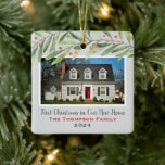First Christmas in Our New Home Greenery Photo Ceramic Ornament<br><div class="desc">This beautiful holiday keepsake ornament features a photo of your new home with custom "First Christmas in Our New Home" script text, your family name, and the year the home was purchased. Design features modern watercolor winter greenery branches with green leaves and red berries. The light gray background color can...</div>