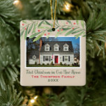 First Christmas in Our New Home Greenery Photo Ceramic Ornament<br><div class="desc">This beautiful holiday keepsake ornament features a photo of your new home with custom "First Christmas in Our New Home" script text, your family name, and the year the home was purchased. Design features modern watercolor style Christmasy greenery branches with green leaves and orange red berries. The natural off-white background...</div>
