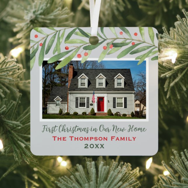 First Christmas in Our New Home Greenery Photo Metal Tree Decoration (Insitu)