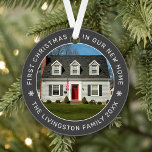 First Christmas in Our New Home Grey Custom Photo Ornament<br><div class="desc">Personalise this modern and elegant 'First Christmas in Our New Home' ornament with a photo of your house, your last name or family name, and the year it was purchased. Elegant dark charcoal grey background colour can be modified) and white round-shaped text and snowflake accents beautifully frames the photo. Photo...</div>