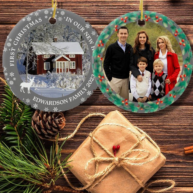 First Christmas in our new Home house photo Ceramic Tree Decoration (First Christmas in our new home ornament. Add your own photos, text and year to personalize.)