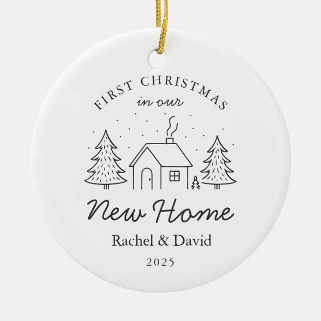 First Christmas in Our New Home – Minimal House  Ceramic Tree Decoration (Front)