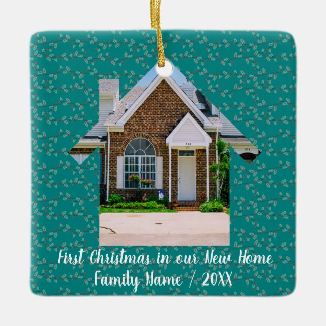 First Christmas in our new home Personalised photo Ceramic Ornament (Front)