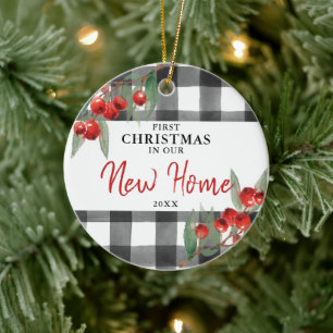 First Christmas In Our New Home Personalised Plaid Ceramic Tree Decoration