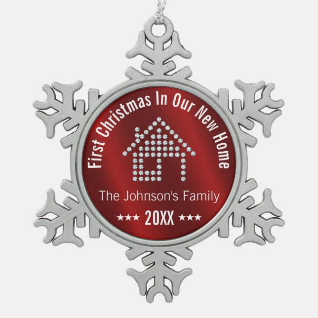 First Christmas In Our New Home | Personalised Snowflake Pewter Christmas Ornament (Front)
