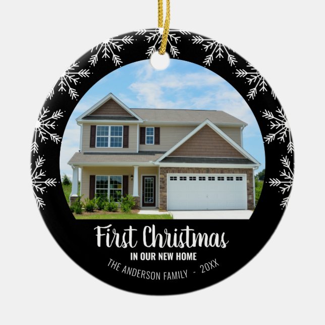 First Christmas in our New Home Photo Black Ceramic Tree Decoration (Front)