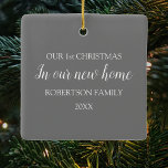 First Christmas In Our New Home Photo Ceramic Ornament<br><div class="desc">This elegant christmas tree ornament,  featuring a photo of the house and on the back the text " OUR 1ST CHRISTMAS IN OUR NEW HOME" with the year and family name.</div>