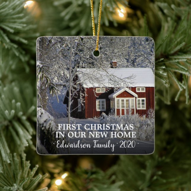 First Christmas in our new Home photo family name Ceramic Ornament (Tree)