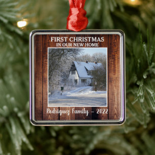 First Christmas in our new Home photo family name  Metal Tree Decoration