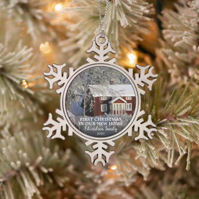 First Christmas in our new Home photo family name Snowflake Pewter Christmas Ornament (Tree)