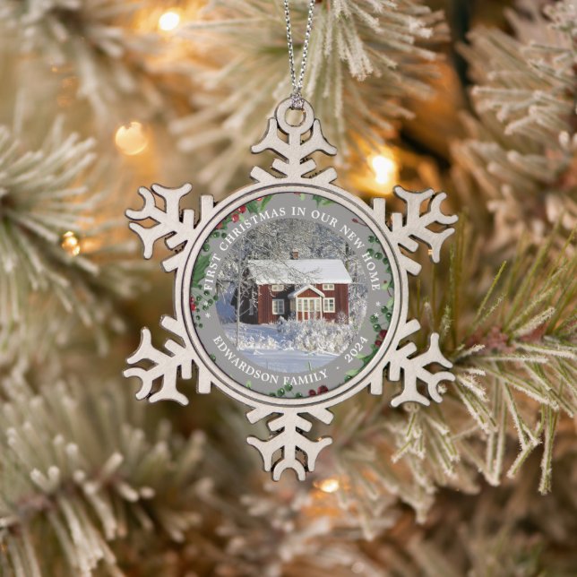 First Christmas in our new Home photo Snowflake Pewter Christmas Ornament (Tree)