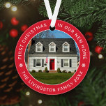 First Christmas in Our New Home Red Custom Photo Ornament<br><div class="desc">Personalise this modern and elegant 'First Christmas in Our New Home' ornament with a photo of your house, your last name or family name, and the year it was purchased. Elegant red background colour can be modified) and white round-shaped text and snowflake accents beautifully frames the photo. Photo tip: crop...</div>