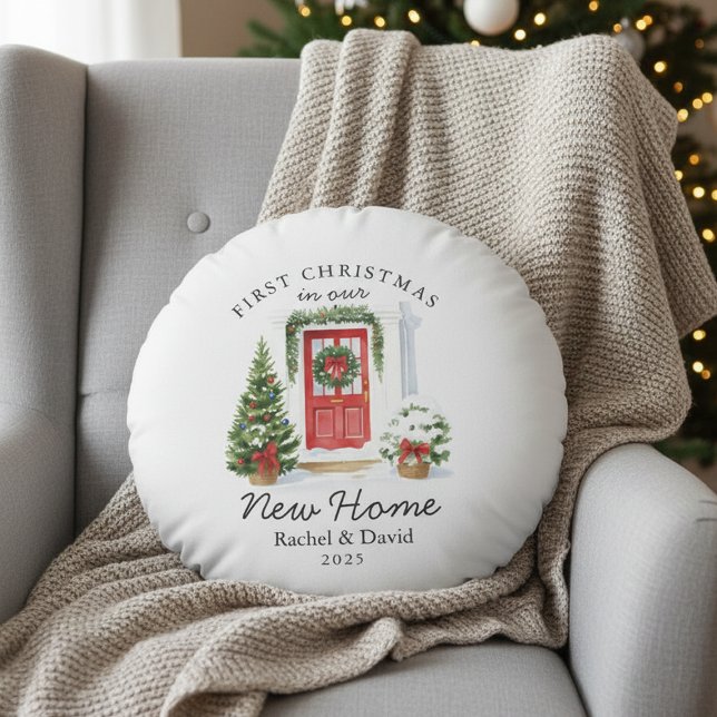 First Christmas in Our New Home – Red Door  Round Cushion (Creator Uploaded)