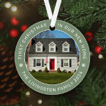 First Christmas in Our New Home Sage Custom Photo Ornament<br><div class="desc">Personalise this modern and elegant 'First Christmas in Our New Home' ornament with a photo of your house, your last name or family name, and the year it was purchased. Elegant sage green background colour can be modified) and white round-shaped text and snowflake accents beautifully frames the photo. Photo tip:...</div>