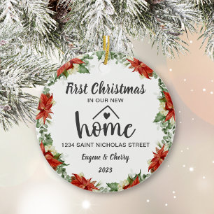 First Christmas In Our New Home Watercolor Wreath Ceramic Tree Decoration