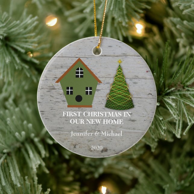 First Christmas in our new Home wood birdhouse Ceramic Tree Decoration (Tree)