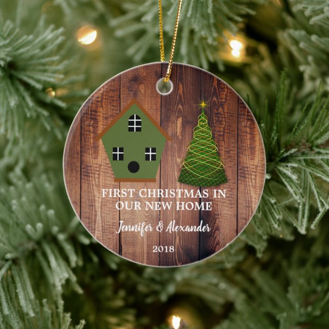 First Christmas in our new Home wood birdhouse Ceramic Tree Decoration (Tree)