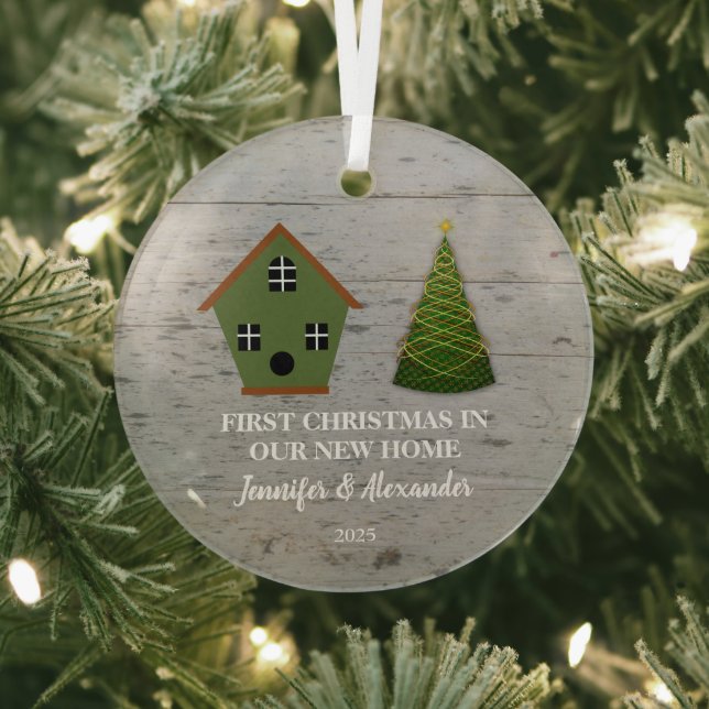 First Christmas in our new Home wood birdhouse Glass Tree Decoration (Insitu)