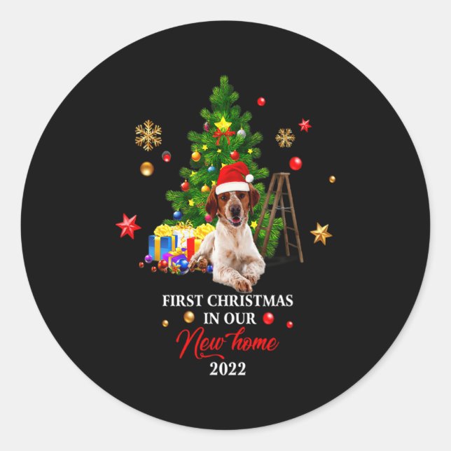 First Christmas In Our New Home Xmas Beagle Dog T  Classic Round Sticker (Front)