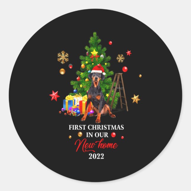 First Christmas In Our New Home Xmas Dorberman T S Classic Round Sticker (Front)