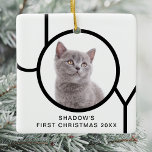 First Christmas Joy Cute Cat Kitten Custom Photo Ceramic Ornament<br><div class="desc">This Cat's First Christmas Photo Ornament is decorated with the word JOY in black and white.
Easily customisable with your pet's photo,  name,  and year.</div>