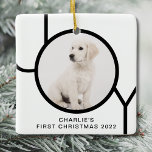 First Christmas Joy Cute Puppy Custom Photo Ceramic Ornament<br><div class="desc">This Puppy Dog's First Christmas Photo Ornament is decorated with the word JOY in black and white.
Easily customisable with your pet's photo,  name,  and year.</div>