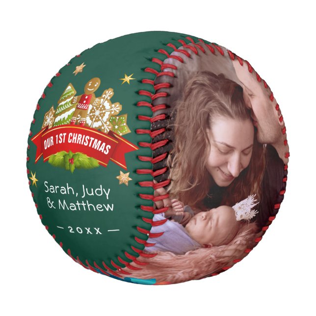 First Christmas Keepsake with Family Photos Baseball (Angled)