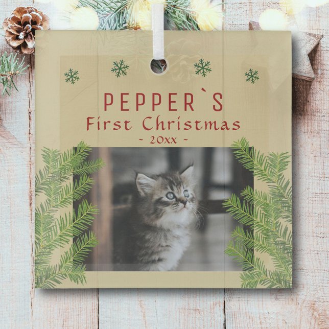 First Christmas Kitten Cat Pine Photo Keepsake Glass Tree Decoration (Creator Uploaded)