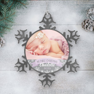 First Christmas Lavender Purple Baby Girl Photo Snowflake Pewter Christmas Ornament