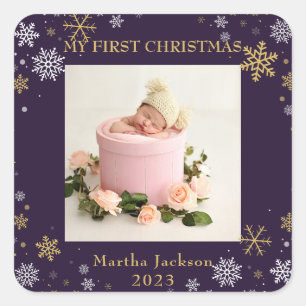 First Christmas Lavender Purple Baby Girl Photo Square Sticker