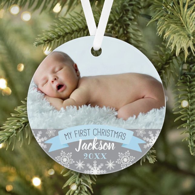 First Christmas Light Blue Baby Boy Photo Ornament (Creator Uploaded)